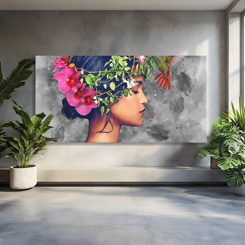 Tablou canvas cu tablou canvas cu portret de femeie si colibri, fara rama, pe sasiu de lemn
